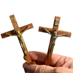 4”Small Catholic Crucifix 2 Cross Wood  On Stand Metal Jesus Sacred Heart League